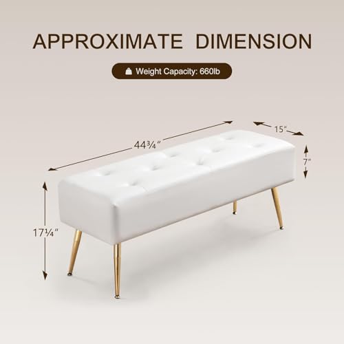 Image of Modern Upholstered Tufted with Gold Metal Legs | White Faux Leather Ottoman Upholstered for Bedroom, Living Room & End of Bed Seating | Accent Furniture with Padded Cushion Seat | White