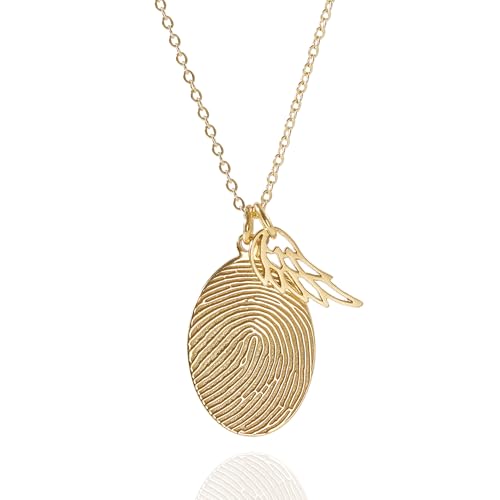 Fingerprint Necklace With Angel Wing Charm, Fingerprint Jewelry, Jewelry Gifts for Mom, Sympathy Gift, In Memory Of Mom Necklace, 925 Sterling Silver, 18K Gold Plated