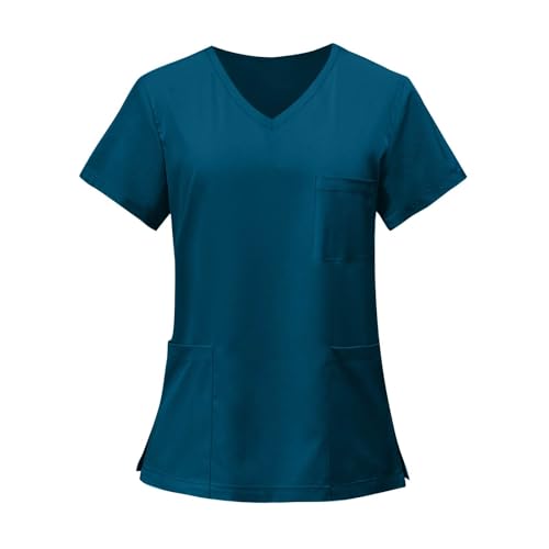 Image of FONMA Scrub Tops Women Plus Size Stretchy V-Neck Scrub Shirts with 4 Pockets Breathable Short Sleeve Nurse Uniforms