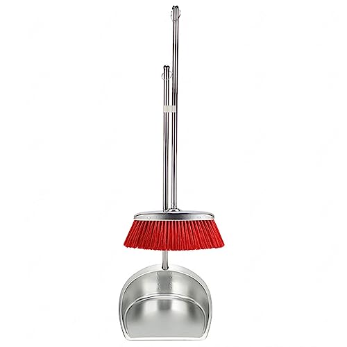 YEDECOR Broom and Dustpan Set with Long Handle, Upright Stainless Steel Dustpan and Broom Combo, Heavy Duty Dust Pans with Broom for Home Kitchen Office Lobby Floor,Red