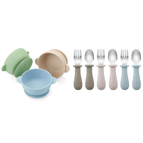 Image of PandaEar 3 Pack Baby Bowls & Toddler Utensils (Light Tan/Walnut/Blue)