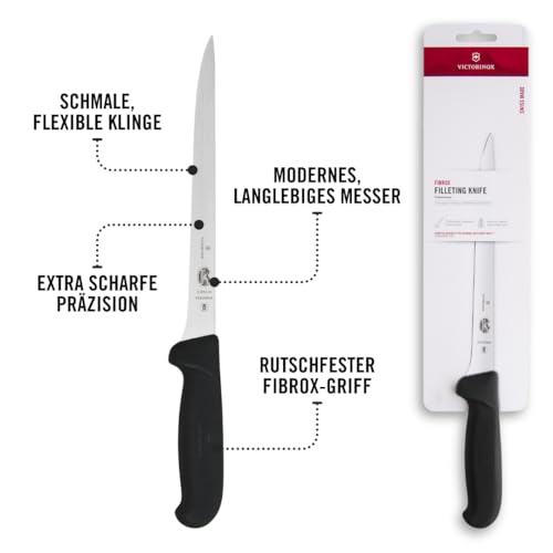 Victorinox Fibrox Filetiermesser, Scharfes Küchenmesser für Fleisch und Fisch, 20 cm, Gerade Klinge, Flexibel, Rostfreier Stahl, Schwarz