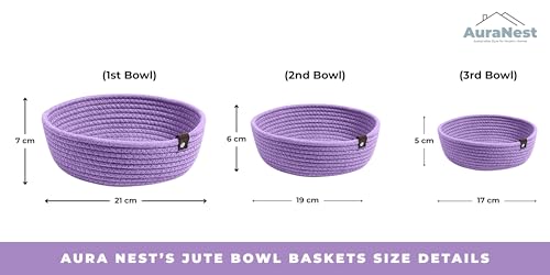 Image of AuraNest Handmade Jute Cotton Storage Baskets Set of 3 for Dining Table, Fruit Basket & Roti Bowl, Cane Style Organizer for Kitchen, Home Decor, Washable Multipurpose (Purple)