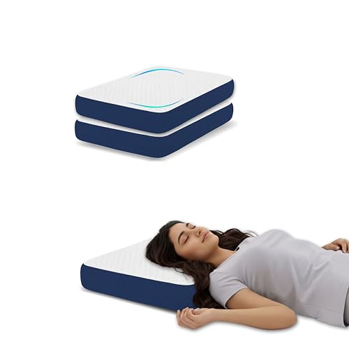 Image of Shredded Memory Foam Cervical Pillow Set of 2, 50x30x6 cm High Density Support for Neck Pain Relief, Luxury Breathable Case, Orthopedic Bedding for Aligned Spine, White and Blue