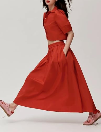 Image of Womens Summer 2 Piece Outfits Skirt Sets Button Short Sleeve Tops Elastic Waist Maxi Dress Sets with Pockets