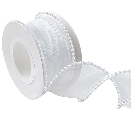 Perlenband Geschenkband Weiß,4.5m Perlenband Chiffon-Band,Transparente Hochzeit Diamantene Hochzeit Deko,Perlengirlande Spitzenband,für Hochzeits Blumen DIY Bastelarbeiten Nähen Handwerk Verpackung