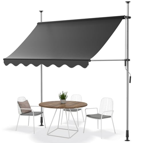Markise Terrasse Klemmmarkise mit Handkurbel, 3m Balkonmarkise ohne Bohren, UV-beständig höhenverstellbar wasserdicht, Sonnenschutz für Garten Veranda, einfache Montage, dunkelgrau
