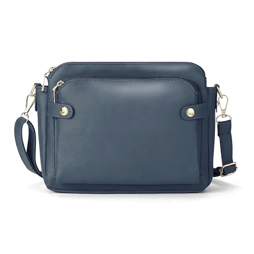 Bolsa de ombro feminina de couro PU com três camadas - bolsa de mão elegante, durável com vários compartimentos para uso diário, Azul