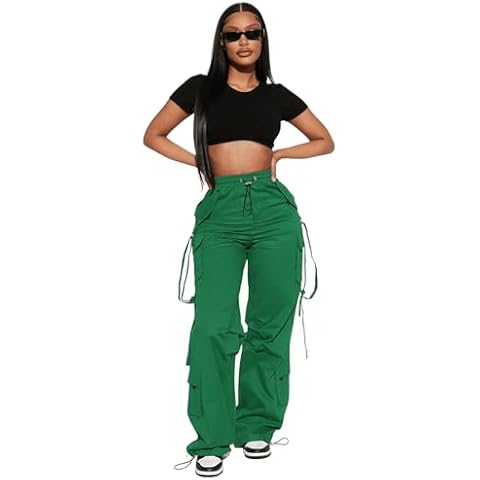 Women's High Waisted Cargo Sweatpants Trendy Wide Leg Casual Baggy Stretchy Y2K Green Pants Streetwear with 6 Pockets Cover