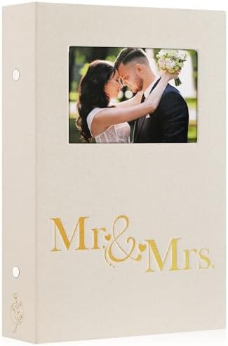 Lanpn Wedding Photo Album 6x4 300 Pocket Photos Slip in, Linen Cover Large Capacity Newlywed Marriage Window Album Hold 300 Horizontal Photos (Mr & Mrs, Beige)