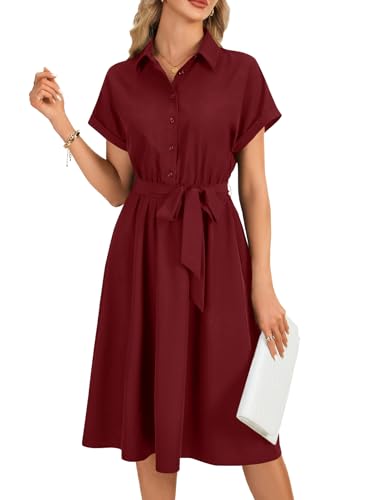 Image of Vrtige Women's Collar Neck Button Down Tie Waist Short Sleeve A Line Midi Shirt Dress