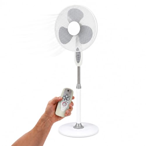 Wintem - Ventilateur sur pied 40 cm avec télécommande – Hauteur réglable de 120 à 130 cm – 3 vitesses, minuterie 4 heures et oscillation – Ventilateur sur pied silencieux 40 W (blanc)