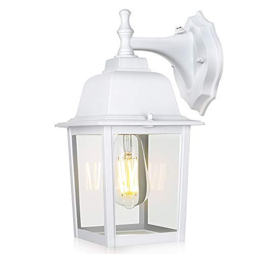 WENFENG 12.6â€ High Outdoor Wall Light Fixtures with Dusk to Dawn Sensor,Anti-Rust Matte White Finish,Clear Glass Shade, Exterior Mount Lantern for Porch, Garden, Patio(Bulb Included)