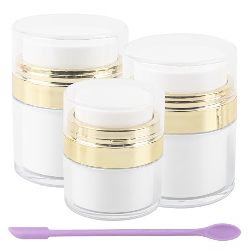 Framendino, 3 Pack Airless Pump Jars 0.5oz 1oz 1.7oz Refillable Lotion Container Cosmetic Cream Dispenser Bottles with Silicone Spatula for Travel
