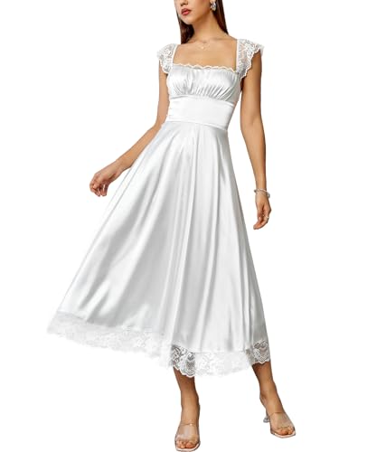 Image of EYNMIN Lace Strap Chiffon Dresses for Women Casaul Flowy A Line Midi Tea Party Dress