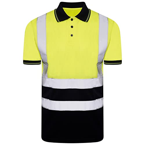 Image of Hi Viz High Visibility Short Sleeve Polo Shirts Men's Reflective Tape Safety Hi Vis Security Work Breathable Lightweight Workwear T-Shirt Top (UK, Alpha, L, Regular, Regular, Yellow Navy)