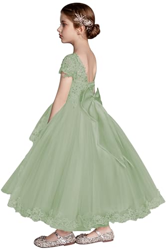 Ruffle Tulle Princess Pageant Dress Sparkly Sequin Flower Girl Dress Lace Applique First Communion with Bowtie