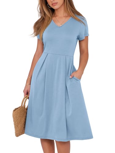ANRABESS Women Summer Dress Casual Short Sleeve V Neck A-Line Knee Length Pleated Flowy 2025 Fashion Midi Dresses with Pocket Sky Blue Medium