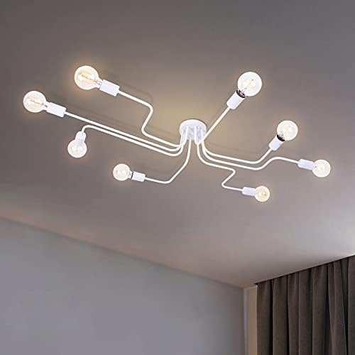 OYIPRO Ceiling Light Fitting, Semi-Flush Ceiling Light Fixture, 8-Light Chandelier Lamp, White Metal Lighting, for Office, Living Room, Bedroom, Kitchen