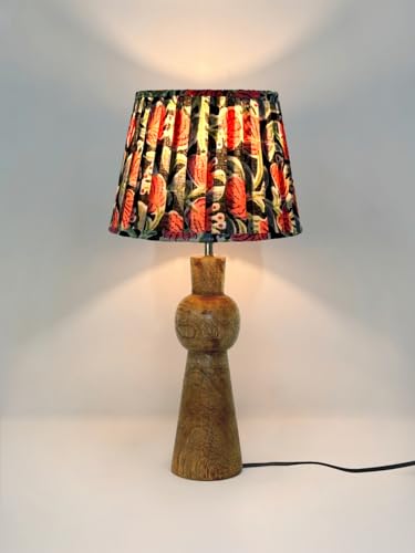 Image of Green Girgit Wooden Skirt Brown Table Lamp with Pleeted Multicolor Black Shade, Bedside Night Lamp with Printed Shade, Modern LED Lighting, E27 Bulb Compatible, Corded Electric, 6.5X9X18 inches