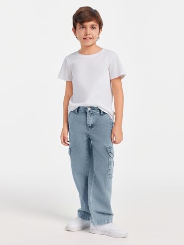 Haloumoning Boys Cargo Baggy Pants Elastic Waist Wide Leg Jeans Casual Demin Pants with Pockets 5-14 Years4