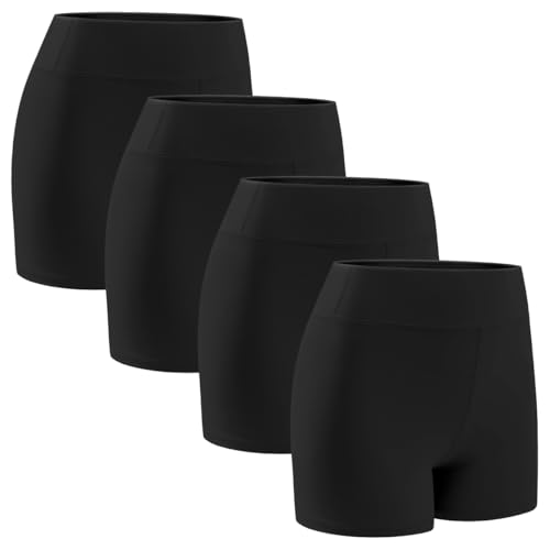 Femdouce 4 Pack Girls Athletic Shorts High Waisted Yoga Short Soft Comfortable for Dance Workout Bike Gymnastics Size 5-16 Black/Black/Black/Black5-7