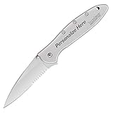 Custom Laser Engraved Kershaw Leek Knife 1660ST Silver Handle with Silver Serrated Blade Edge