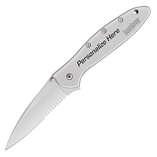 Custom Laser Engraved Kershaw Leek Knife 1660ST Silver Handle with Silver Serrated Blade Edge