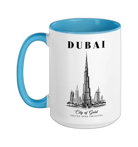 Dubai Cityscape Featuring Burj Khalifa Iconic Ceramic Mug, Blue/White, 15oz