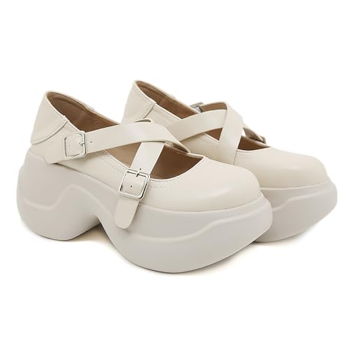 Women's Leather Platform Orthopedic Mary Jane Shoes with Adjust Buckle Strap Fashion Comfortable Round Toe Wedge High Heels Dress Shoes Non-Slip Soft Bottom Casual Walking Shoes