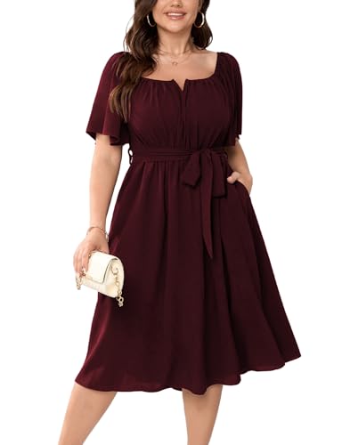 Image of Women Plus Size Cocktail Dress Short Sleeve Square Neck Belted Elegant Flowy A Line Midi Dresses with Pockets