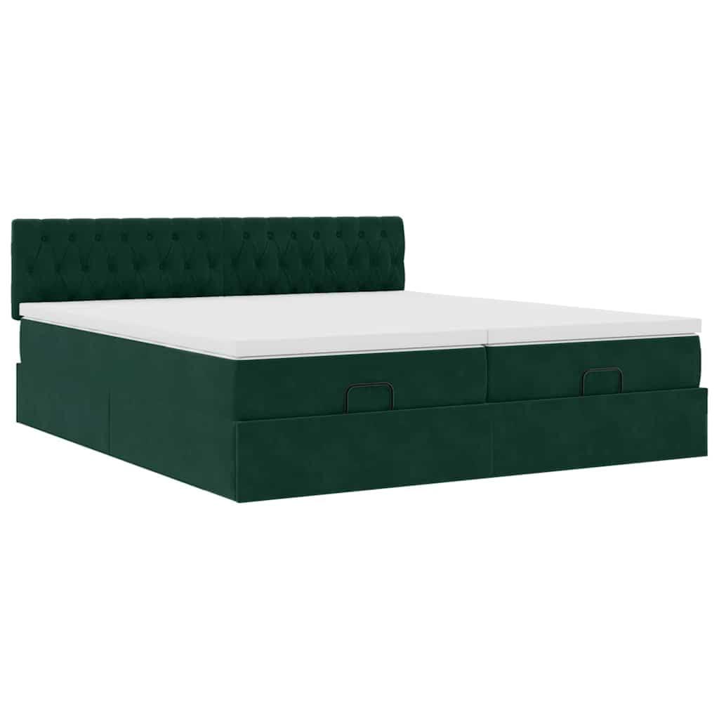 Cama otomana con colchones, verde oscuro 200 x 200 cm terciopelo, espacio de almacenamiento hidráulico, colchón de muelles ensacados, material suave, experiencia de sueño cómoda