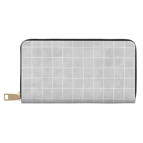 Gray Hand Drawn Grid Print Wallet Women, Leather Bifold Multi Card Wallet, Long Purse Women's Wallets