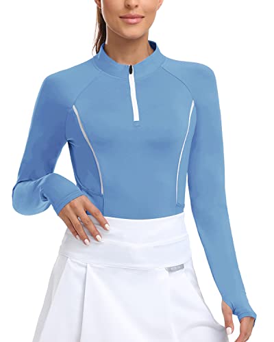 WOWENY Women Long Sleeve Golf Shirts Tennis Shirts Half Zip Golf Pullover UPF50+ Running Shirts with Thumb Holes Quick Dry Active Tops Blue