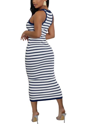 Image of Sleeveless Striped Bodycon Tank Dress for Women Slim Fitted Summer Ribbed Pencil Midi Dresses