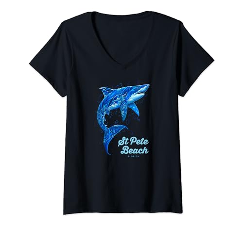 Donna T-shirt per vacanze a St. Pete Beach, Florida, Shark Diving Ocean Maglietta con Collo a V