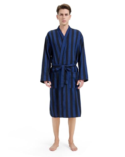 Men's Cotton Bathrobe Mid Length Big and Tall Kimono Collar Plaid Men Robe