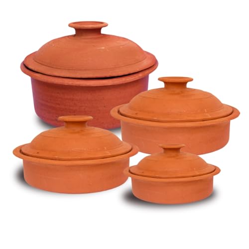 Clay Cooking & Serving Pot with Lid, Artisan Gas Burn Curry & Biryani Pot for Home Table Decor, Reusable Hotel Kitchen Vessel (Pot with Standard Lid)