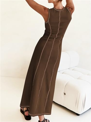 Image of Women's 2025 Summer Sundress Elegant Casual Crew Neck Sleeveless Knit Striped Bodycon Maxi Dress