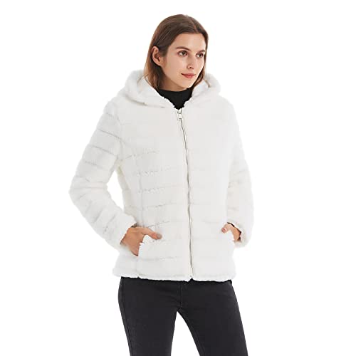 Gran Oriente Women Faux Fur Fleece Coat With Faux Fur Lining And Collar Warm Winter Plush Long Sleeve Zip Cropped Jacket With Pockets Adjustable Waist Hooded Outerwear Gk010-Pink-L #TOP1