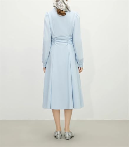 Solid Color Pleated Waist Shirt Dress Lapel Long Sleeve Women's Casual Dress3