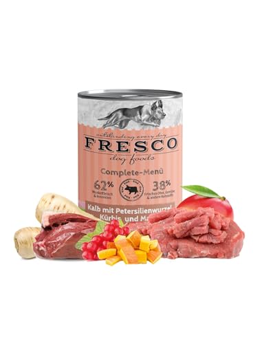 Fresco Complete-Menü Kalb mit Petersilienwurzel, Mango & Johannisbeere | 12er Pack | 12 x 400 g | Nassbarf für Hunde | Wichtige Proteine & Eiweiß | Aus reinem Muskelfleisch