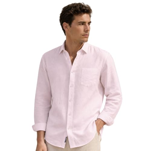 Image of Nobero Breezy Premium Linen Cotton Shirt for Men | Stylish Casual Shirts for Men | Semi Cut Collar | Box Pleat | Curved Hem | Regular Fit | Full Sleeve | S-XXXL
