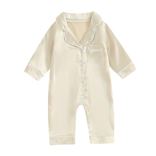 BULINGNA Infant Baby Girl Boy One Piece Pajamas Jumpsuit Long Sleeve Button Down Satin Silk Pjs Sleepwear Onesie (Champagne, 18-24 Months)