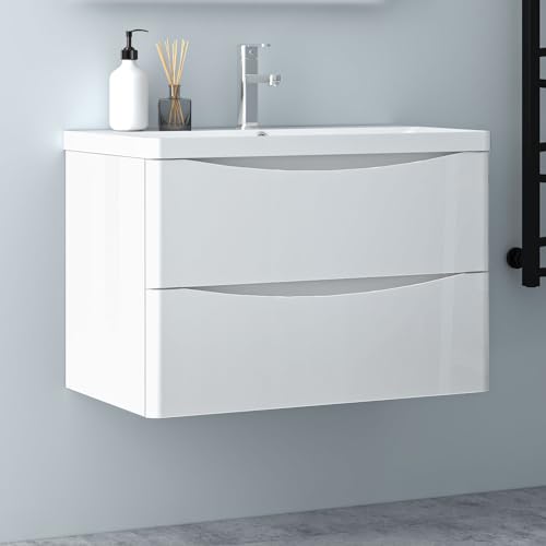 Biubiubath Hochglanz Weiß Badezimmerschrank 80cm Mineralgusswaschbecken mit Unterschrank...