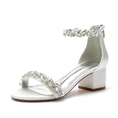 Chunky Heel Wedding Sandals Open Toe Low Block Heels Rhinestones Women Heeled Sandal