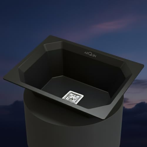 Image of ARQUIN Quartz Kitchen Sink 24x18x9 Inch Black Diamond | Single Bowl Sink | Durable & Scratch-Resistant | Undermount /Topmount Including Coupling, Waste Pipe & Fruit Washing Basket