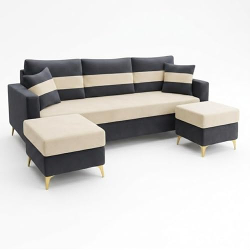 Image of SOCOZI Bastian 5 Seater L Shape Sofa Set with 2 Movable Ottomans | Flexible Layout| Soft Velvet Suede Fabric|Modern Sofa with Golden Legs | Plush Comfort Cushions for Living Room (Cream-Dark Gray)