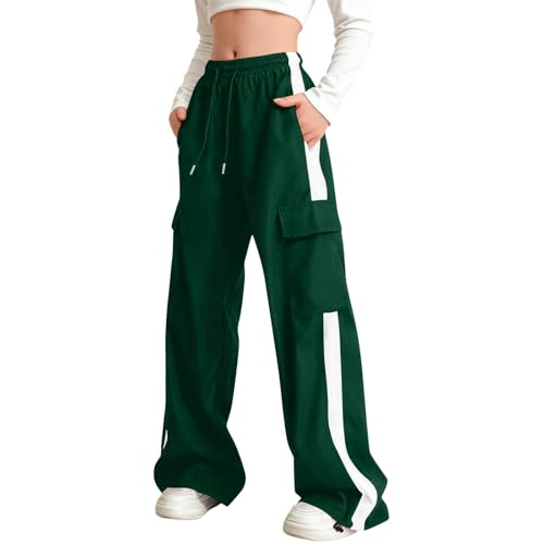 Image of Saxrel Army Green Kids' Cargo Wide-Leg Pants School Trousers – Boys and Girls Elastic Waist Sports Sweatpants Spring Summer Baggy Joggers with Pockets Casual Long Pants for Daily Outings 11 Years