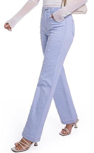 Women's Straight Jeans Pearl High Waisted Stretch Cotton Cute Jeans for Womens Trendy4